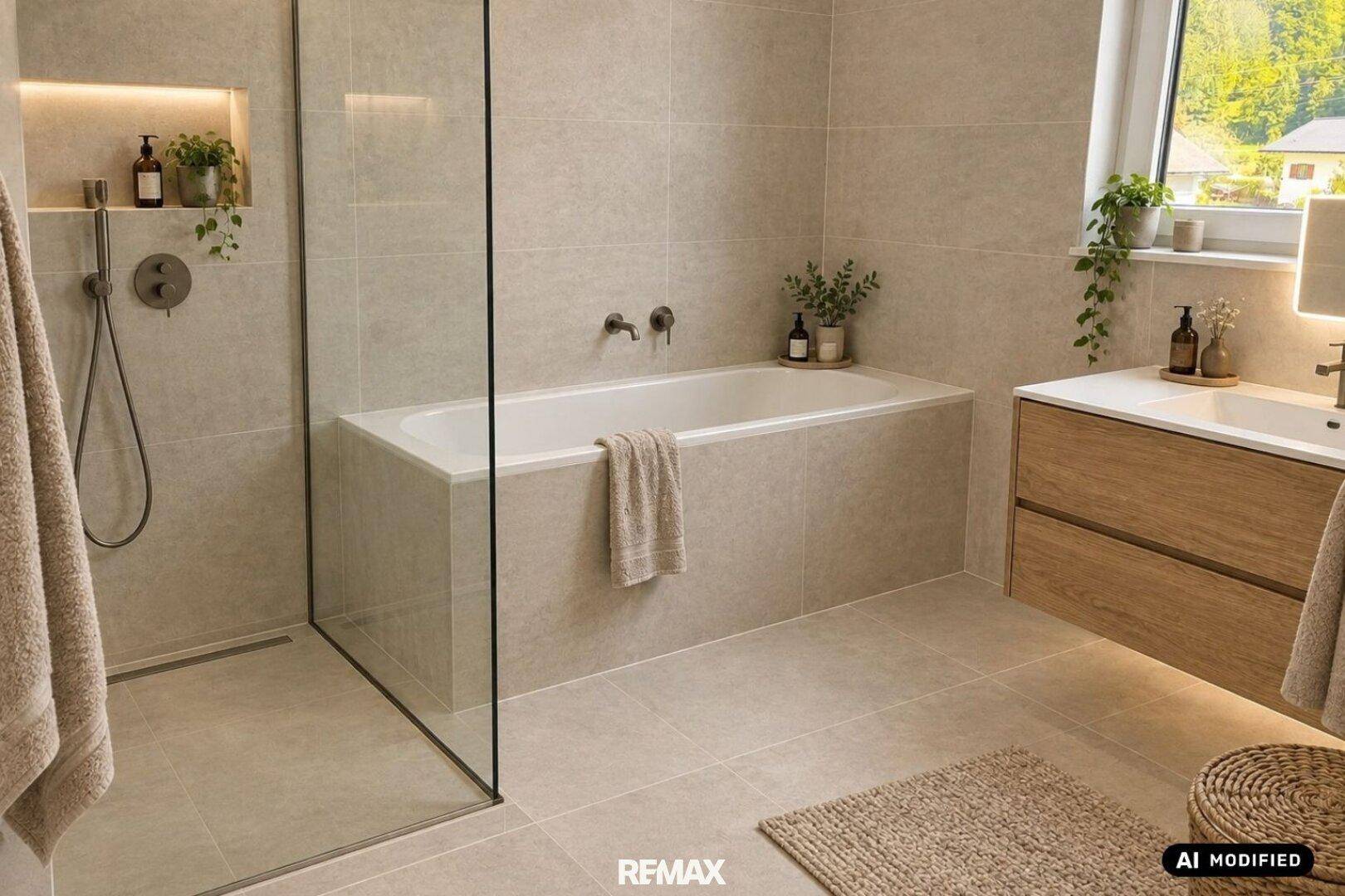 Modernes Badezimmer mit beigefarbenen Fliesen, Badewanne, ebenerdiger Dusche und Fenster.