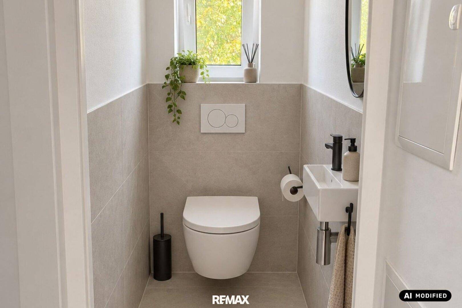 Kleines Gäste-WC mit wandhängendem WC, modernem Waschbecken und Fenster für Tageslicht.