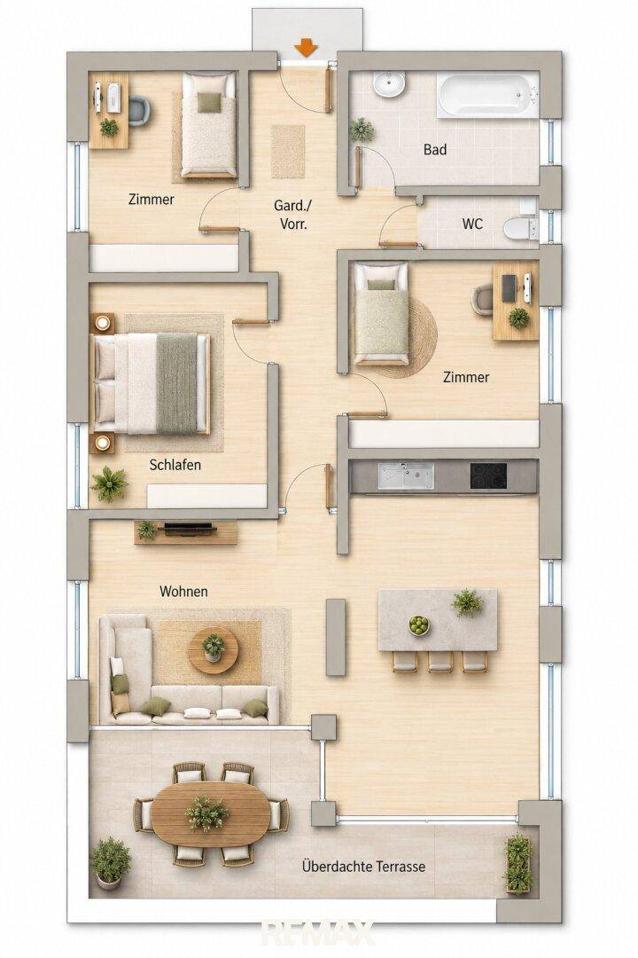 Detaillierter Grundriss einer Wohnung mit drei Zimmern, offener Wohnküche und überdachter Terrasse.
