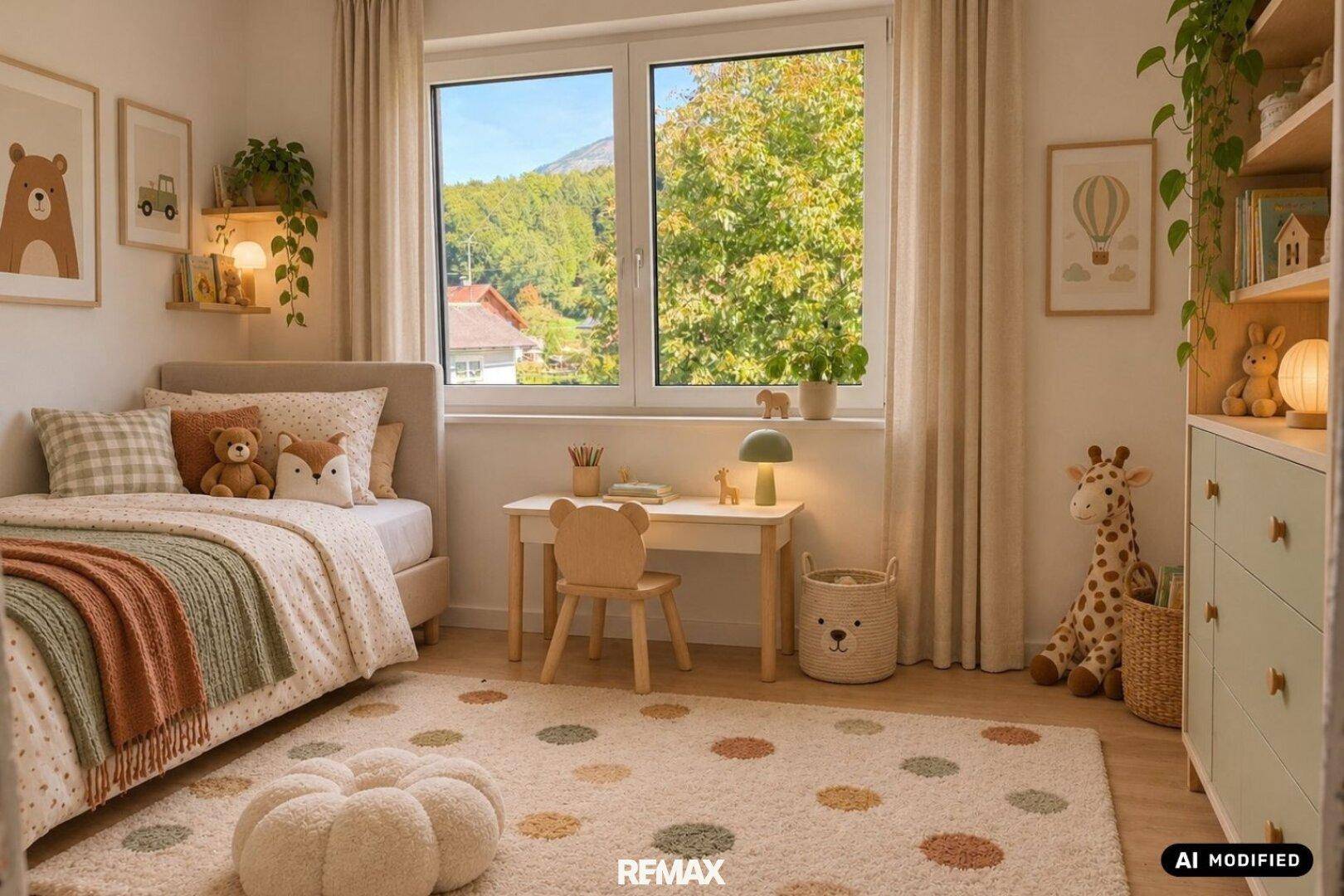 Freundliches Kinderzimmer mit großem Fenster, Blick ins Grüne und kindgerechter Einrichtung.