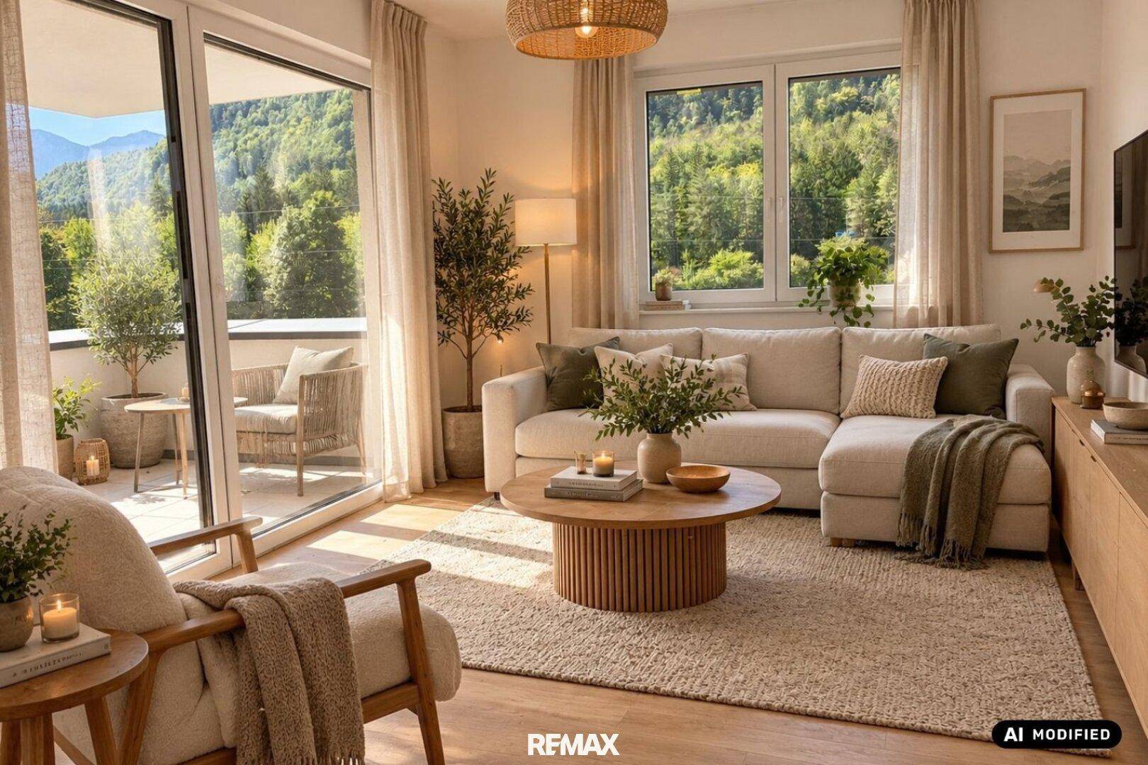 Helles Wohnzimmer mit Zugang zum Balkon, gemütlicher Sitzecke und weitem Blick ins Grüne.