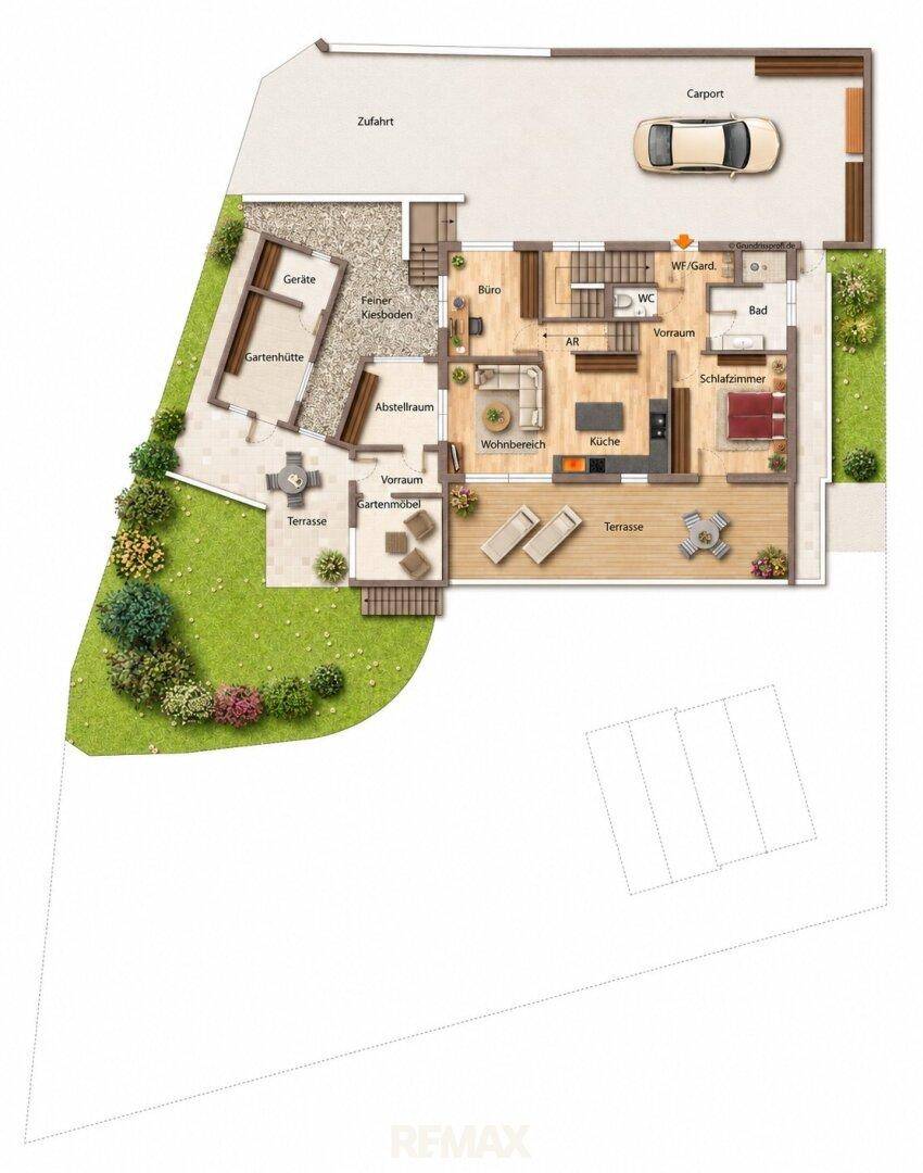 Grundriss des Erdgeschosses mit offenem Wohnbereich, Küche, Schlafzimmer und mehreren Terrassen.