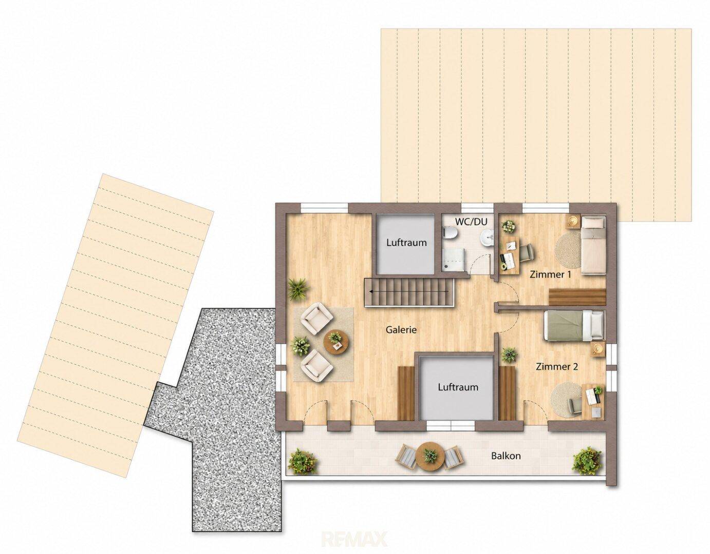 Grundriss des Obergeschosses mit zwei Schlafzimmern, Galerie und Zugang zum Balkon.