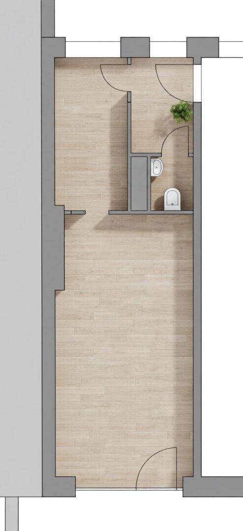 Grundriss eines langen Raumes mit separatem WC-Bereich und holzbodenähnlichem Belag.