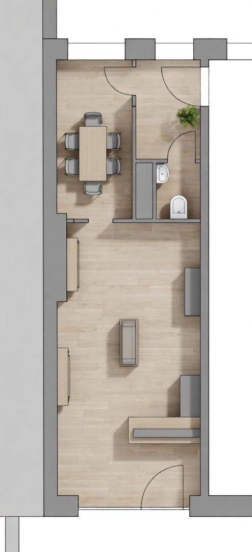 Möblierter Grundriss eines Wohnbereichs mit Essplatz, Sofa und separatem WC-Bereich.