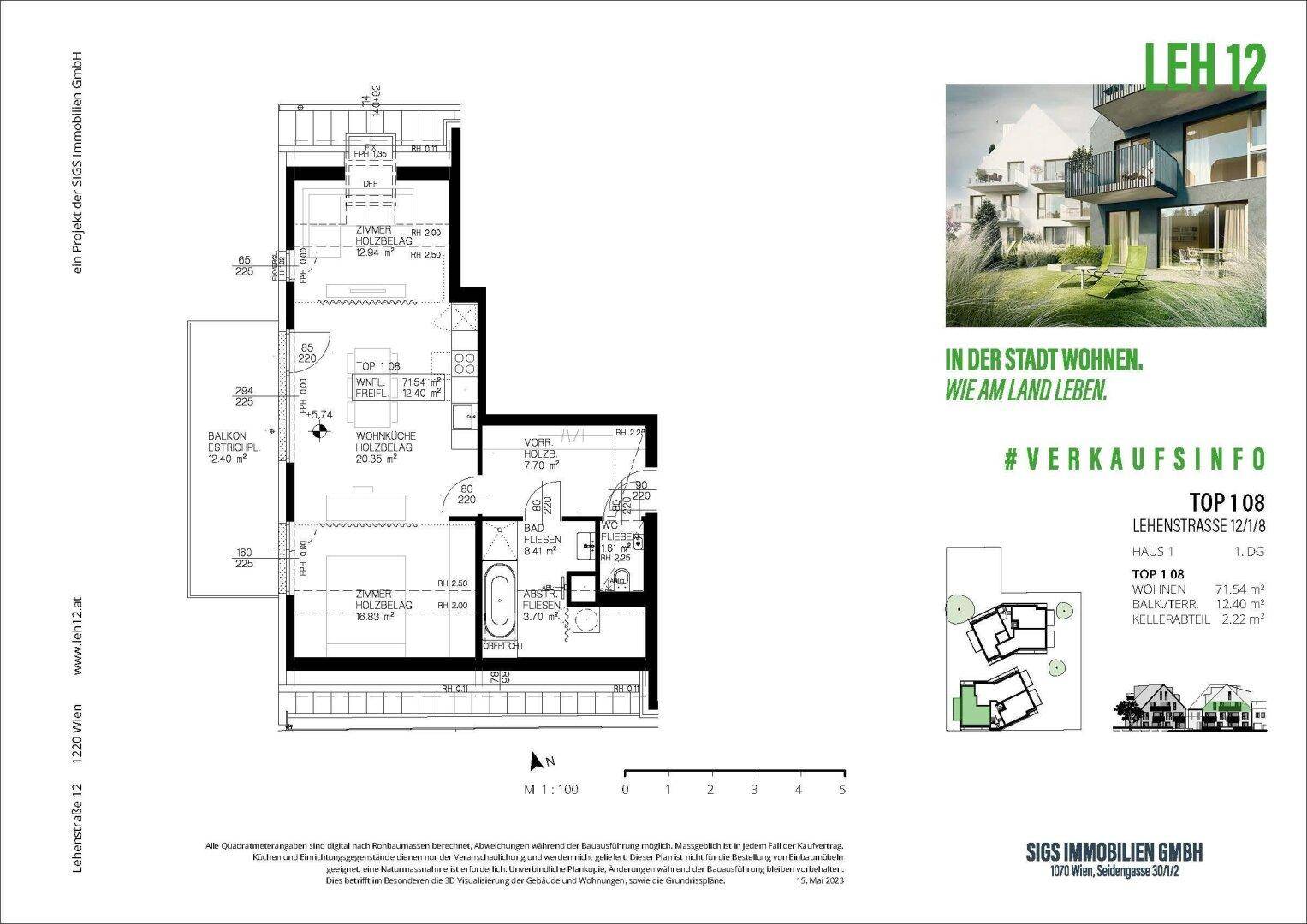 Grundriss einer Wohnung mit Balkon, Kellerabteil und offenem Wohnbereich.