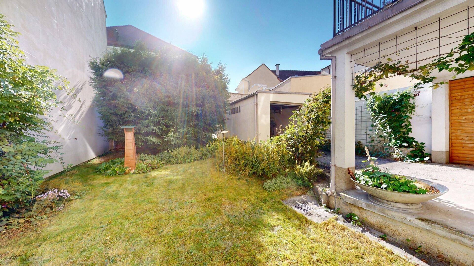 Sonniger Gartenbereich mit Rasenfläche, Bäumen und Sträuchern hinter dem Gebäude.