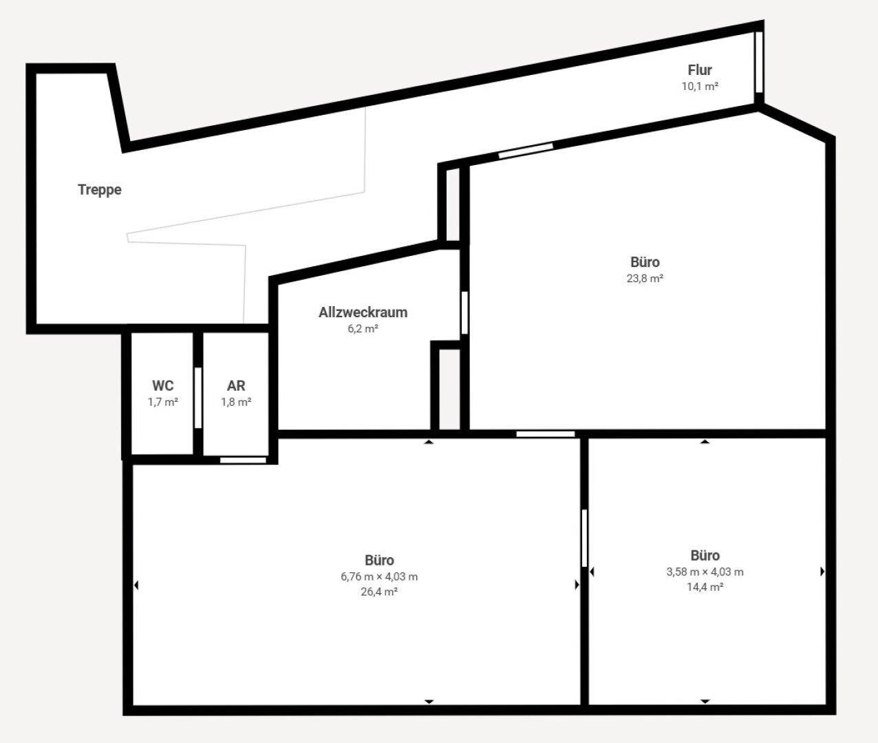Grundrissplan des Erdgeschosses mit Büroräumen, WC und Abstellraum.