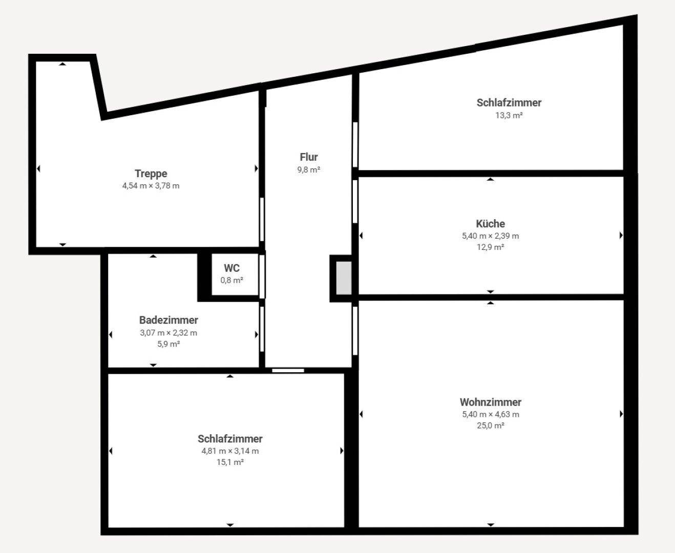 Grundrissplan des Obergeschosses mit Schlafzimmern, Wohnzimmer, Küche und Bad.