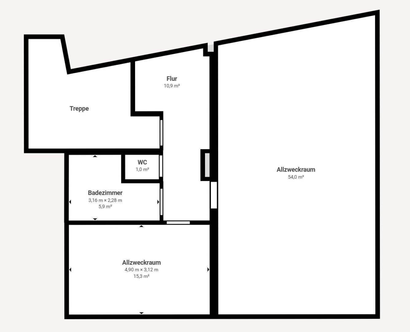 Grundrissplan des Dachgeschosses mit Badezimmer, WC und großem Allzweckraum.