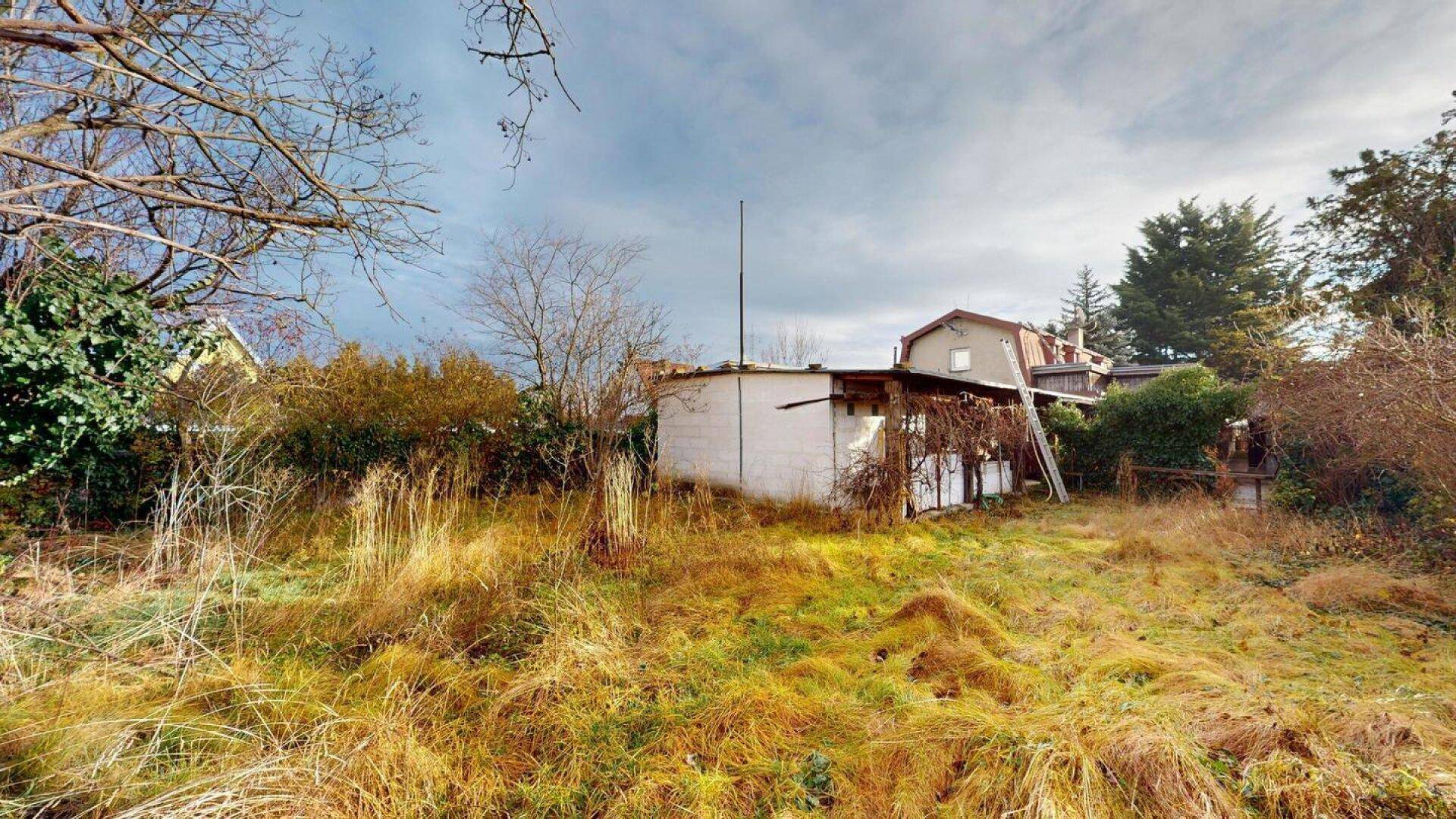 Verwilderter Gartenbereich mit einem kleinen Schuppen und viel Grün, umgeben von Natur.