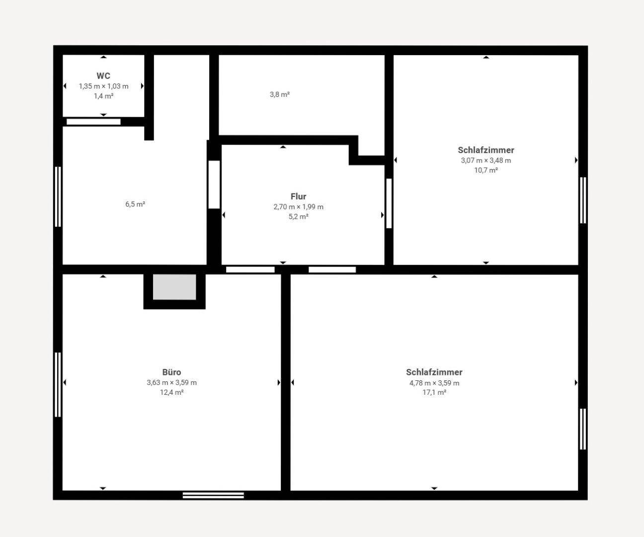 Grundriss des Obergeschosses mit zwei Schlafzimmern, Büro und Flur.