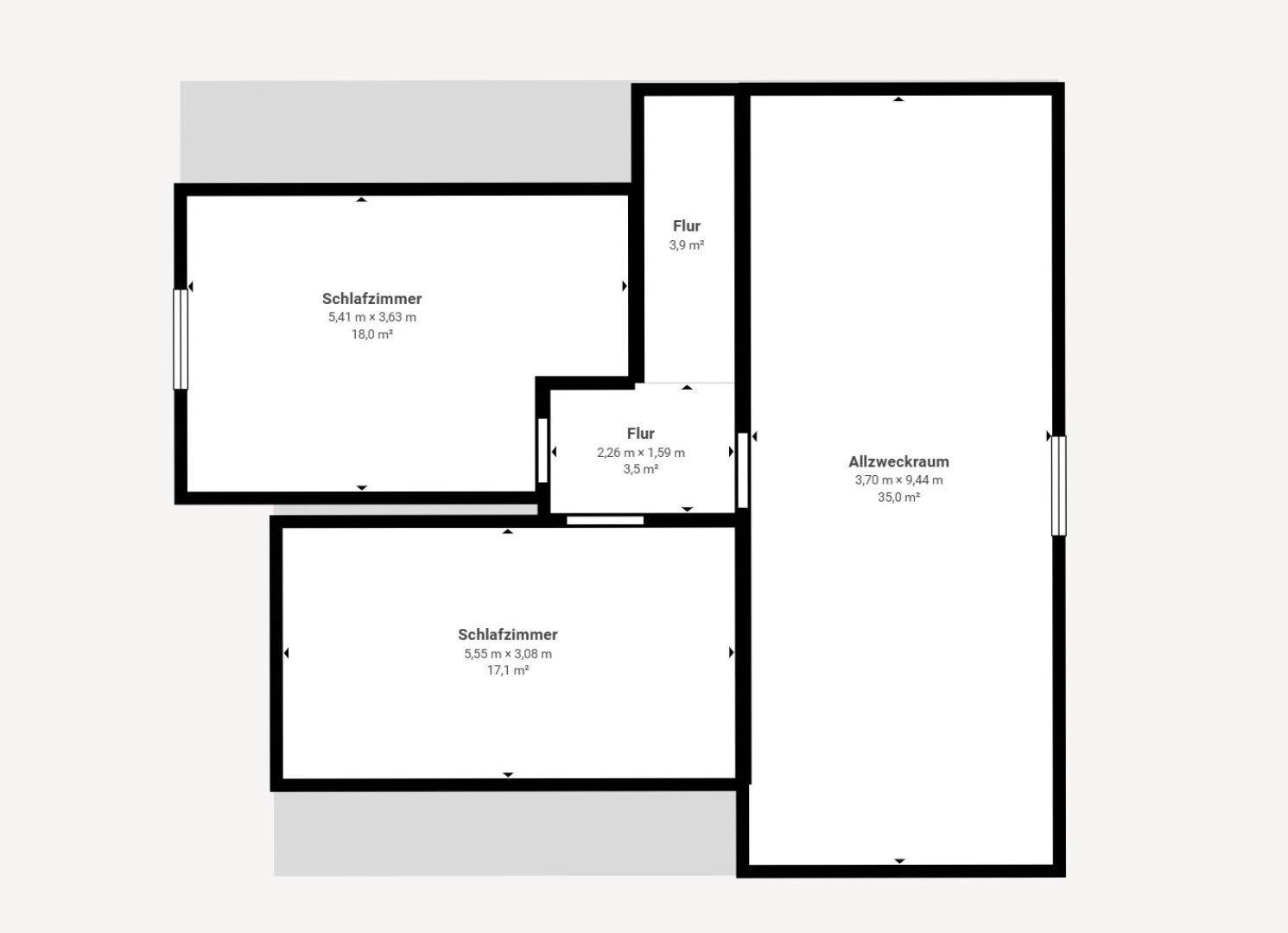 Grundriss des Dachgeschosses mit zwei Schlafzimmern und einem großen Allzweckraum.