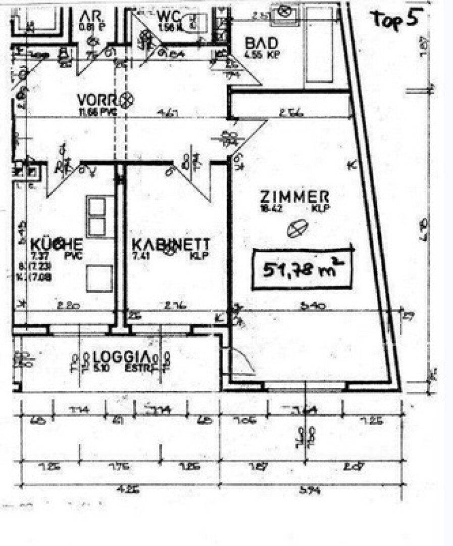 Grundriss der Wohnung Top 5 mit Loggia, Küche, Bad und WC auf 51,78 m².