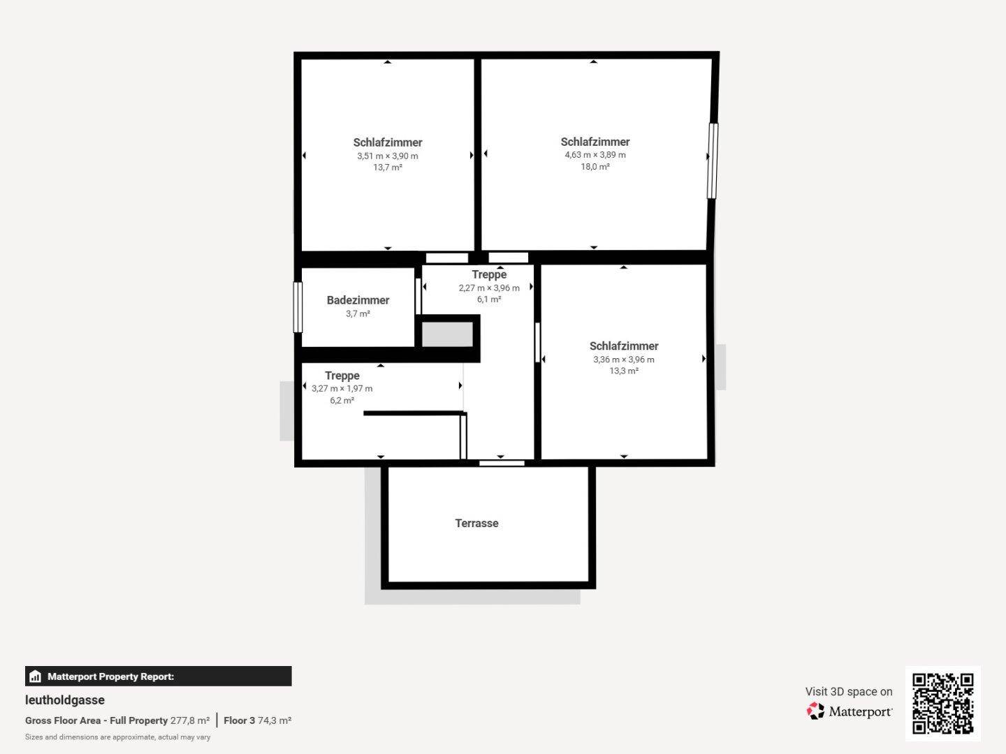 Grundriss des zweiten Obergeschosses mit drei Schlafzimmern, Badezimmer und Terrasse.