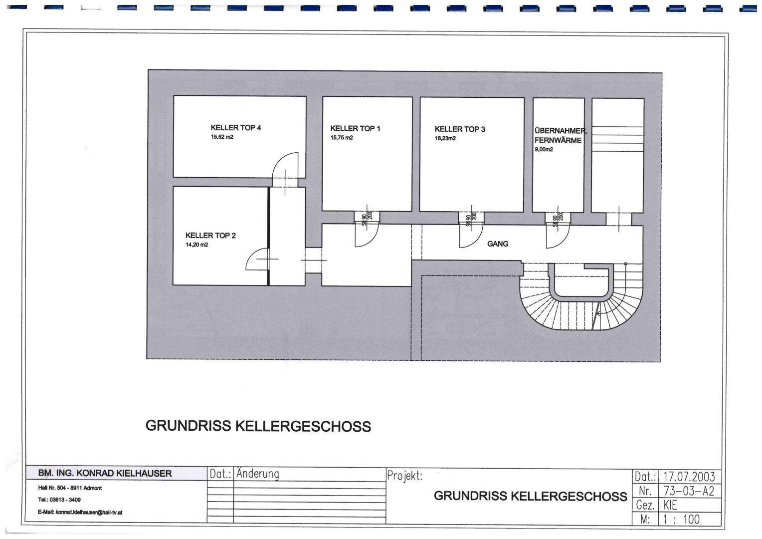 Grundriss des Kellergeschosses mit mehreren Kellerräumen und Technikbereich.