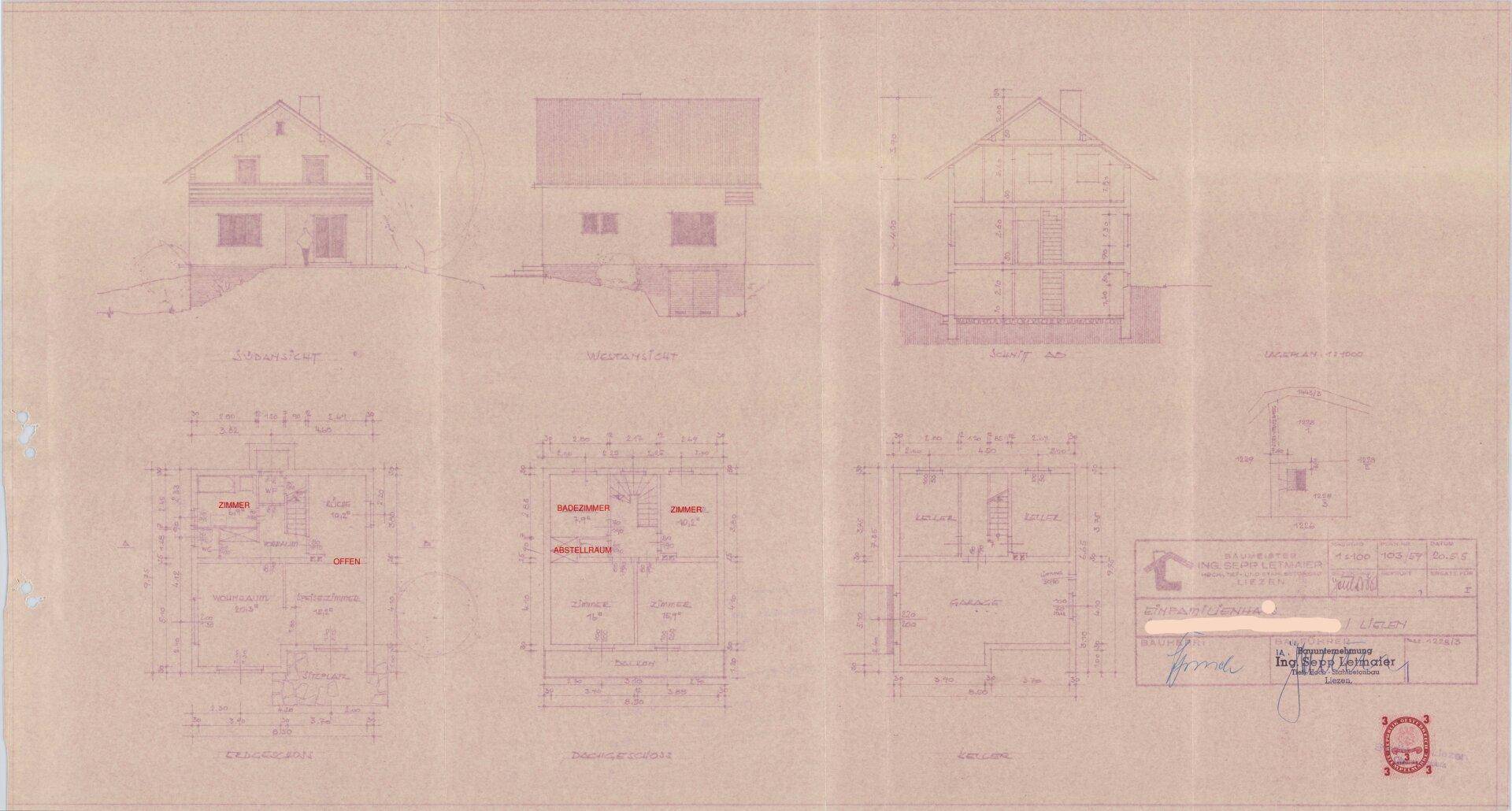 Historischer Bauplan eines Hauses mit Keller, Erdgeschoss, Obergeschoss und Dachgeschoss.