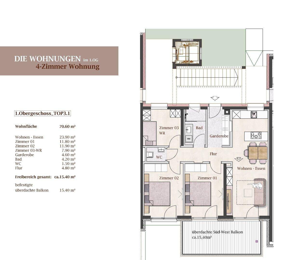 Grundriss einer 4-Zimmer-Wohnung im 1. Obergeschoss mit offenem Wohn-Essbereich und Balkon.