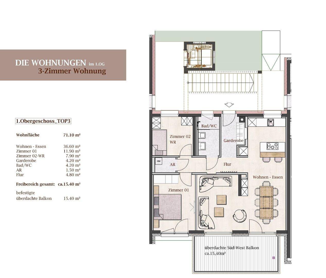 Grundriss einer 3-Zimmer-Wohnung im 1. Obergeschoss mit offenem Wohn-Essbereich und Balkon.