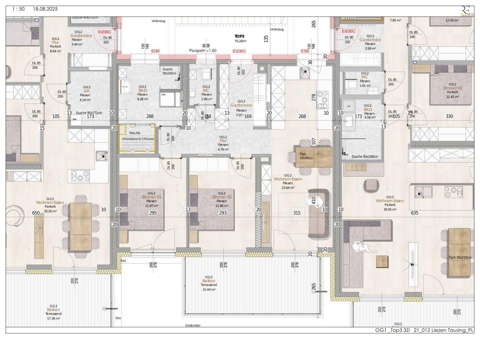 Grundrissplan mit mehreren Wohneinheiten, die offene Wohnbereiche und private Außenbereiche aufweisen.
