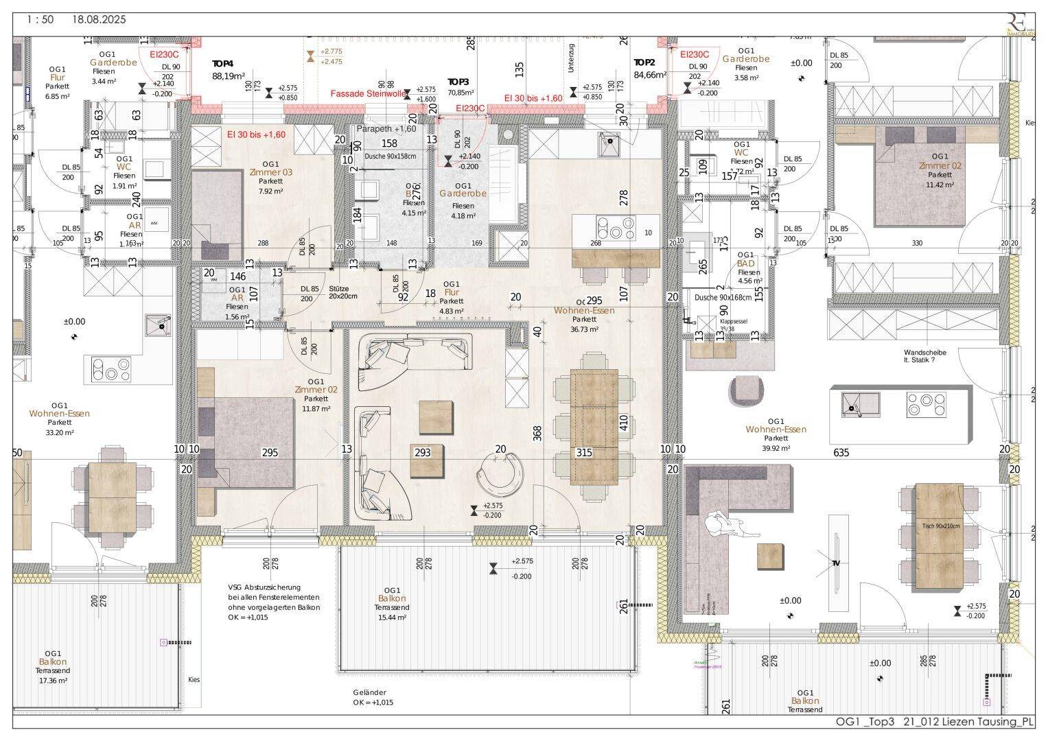 Übersichtlicher Grundrissplan mit mehreren Apartments, die offene Wohnbereiche und private Außenbereiche bieten.