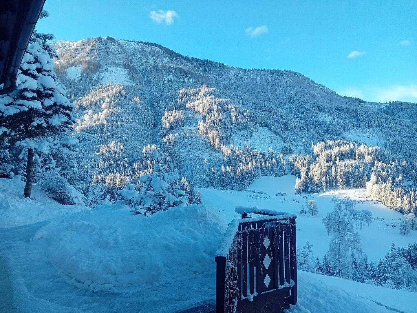 Winterlicher Ausblick von einem Balkon auf schneebedeckte Berge und Wälder unter blauem Himmel.