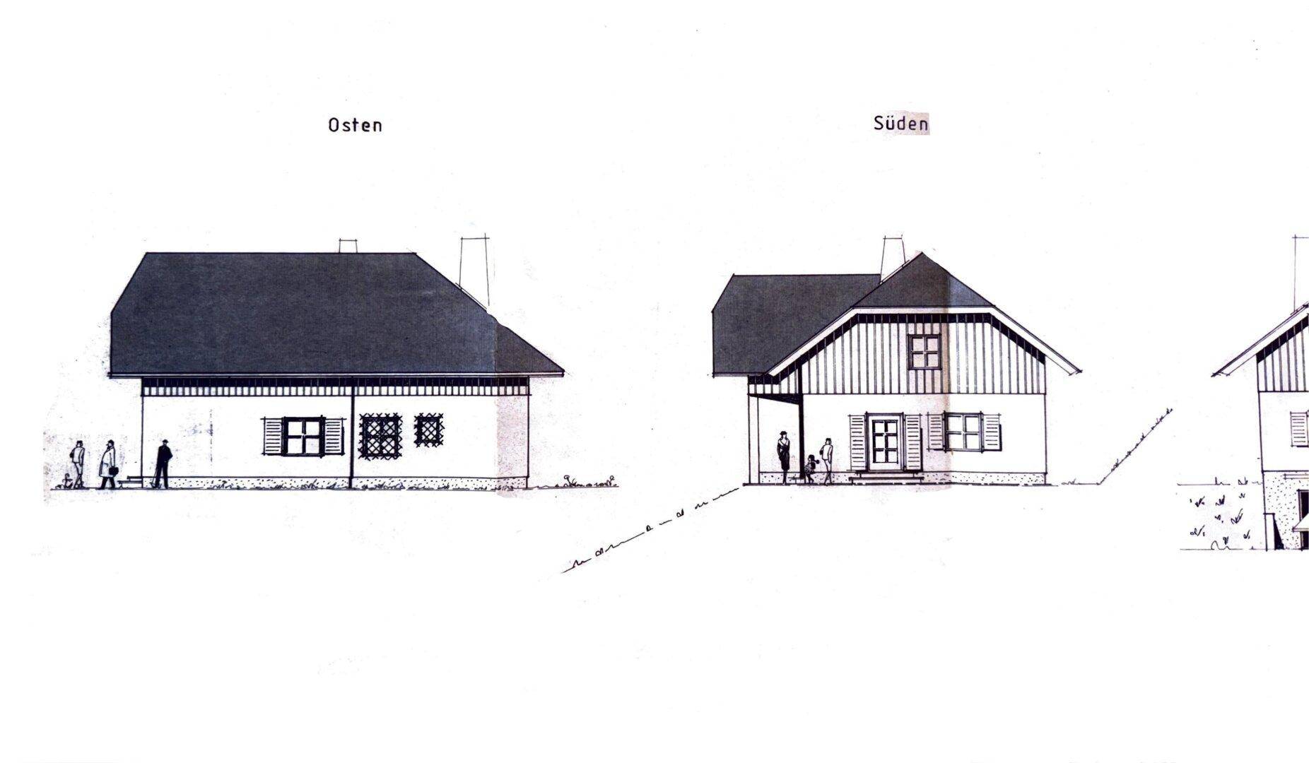 Ansichten des Hauses von Osten und Süden mit traditioneller Architektur.