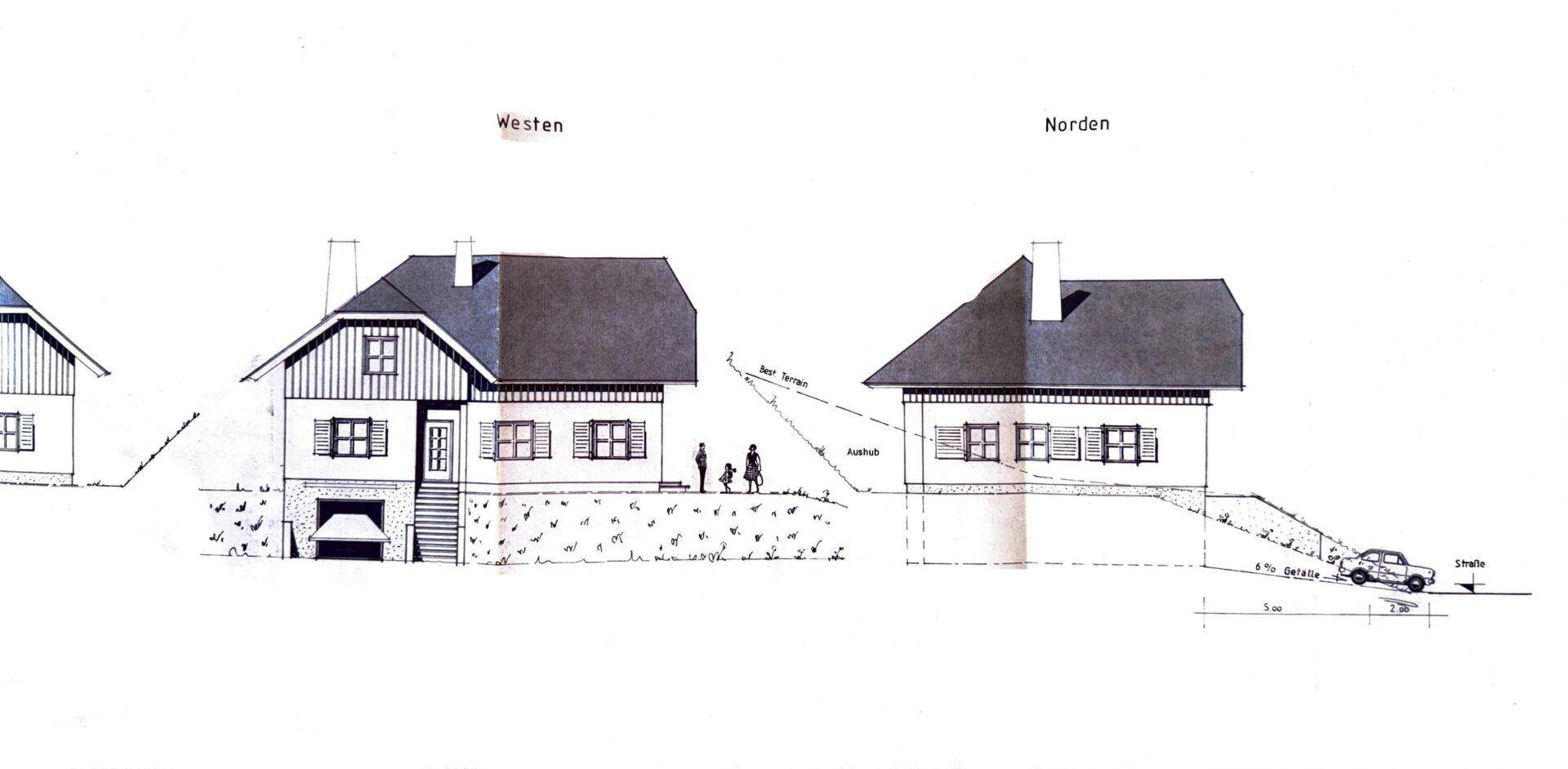 Ansichten des Hauses von Westen und Norden mit Garage und Zugang.