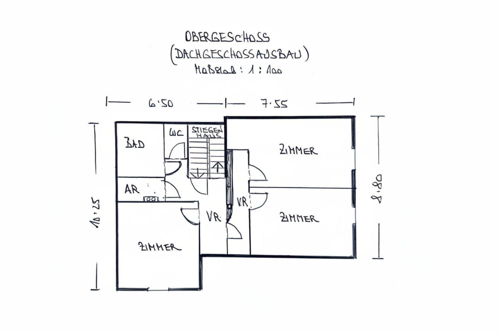 Grundriss des Obergeschosses mit Schlafzimmern, Bad und WC.