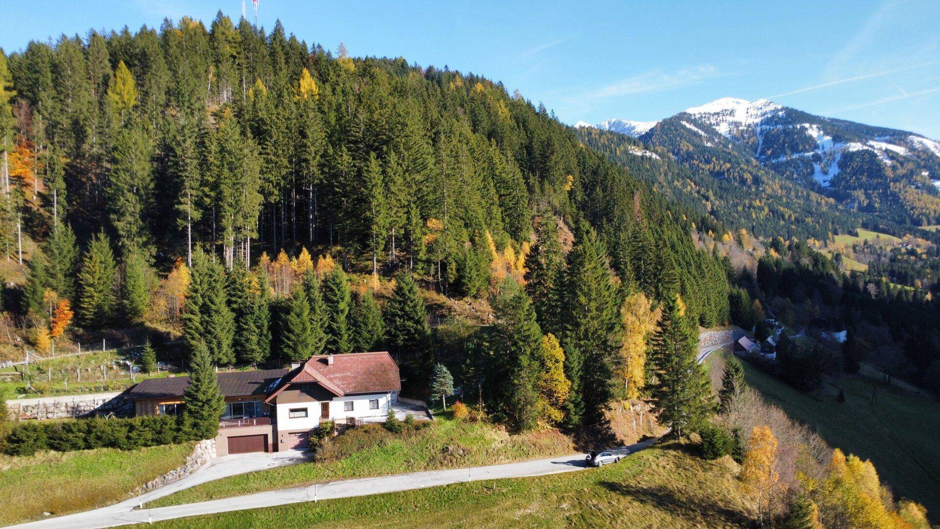 Weitläufige Luftaufnahme des Anwesens mit Wald und Bergen im Hintergrund unter blauem Himmel.