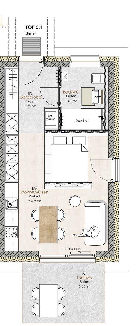 Grundriss einer Kleinwohnung mit offenem Wohn-Essbereich, Schlafzimmer und Terrasse.