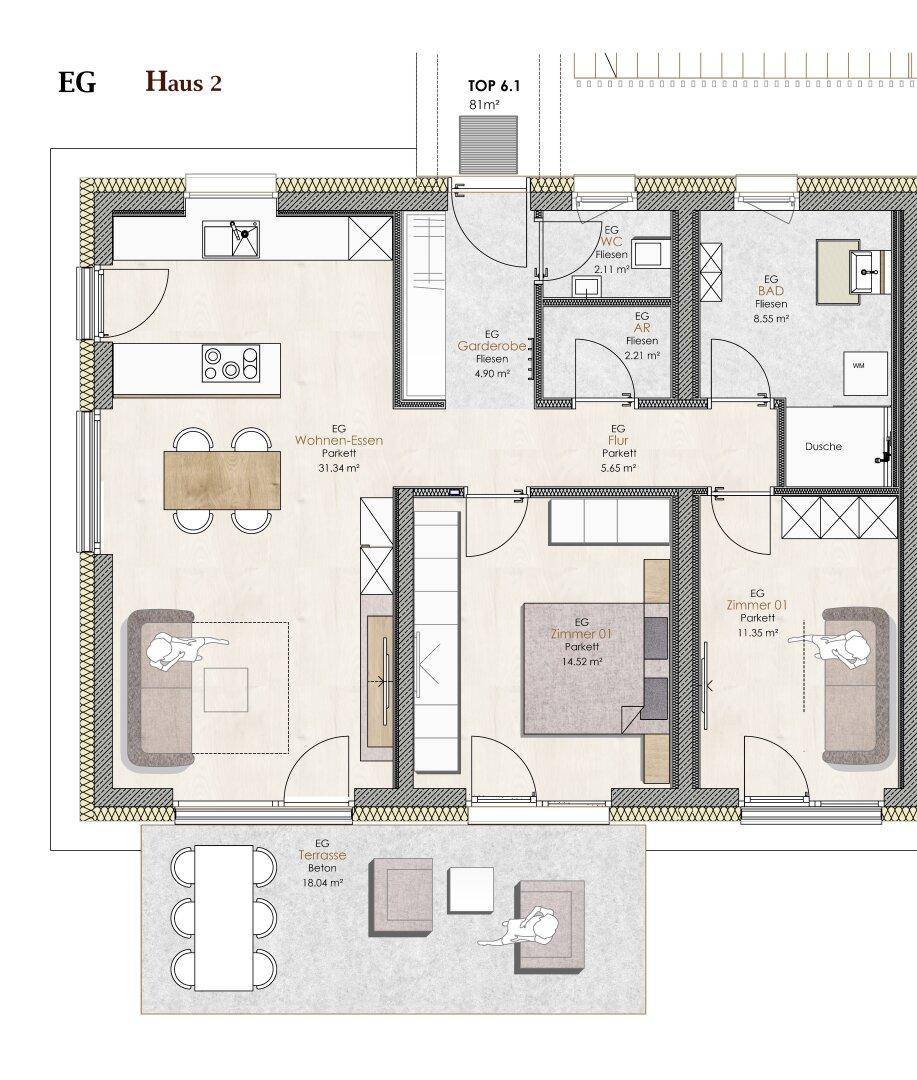Grundriss des Erdgeschosses von Haus 2 mit Wohn-Essbereich, Zimmern und Terrasse.