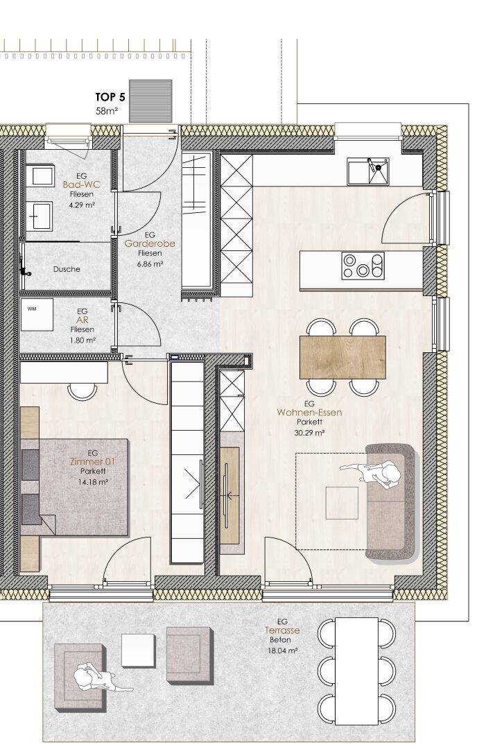Detaillierter Grundriss einer Wohnung mit Wohn-Essbereich, Schlafzimmer und Terrasse.