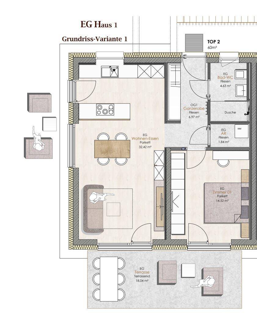 Grundrissvariante für eine Erdgeschosswohnung mit offenem Wohn-Essbereich und Terrasse.