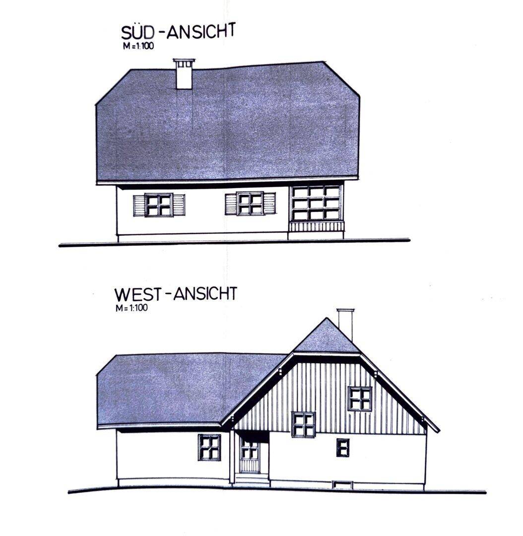 Süd- und Westansicht des Gebäudes mit Fenstern und der charakteristischen Dachform.