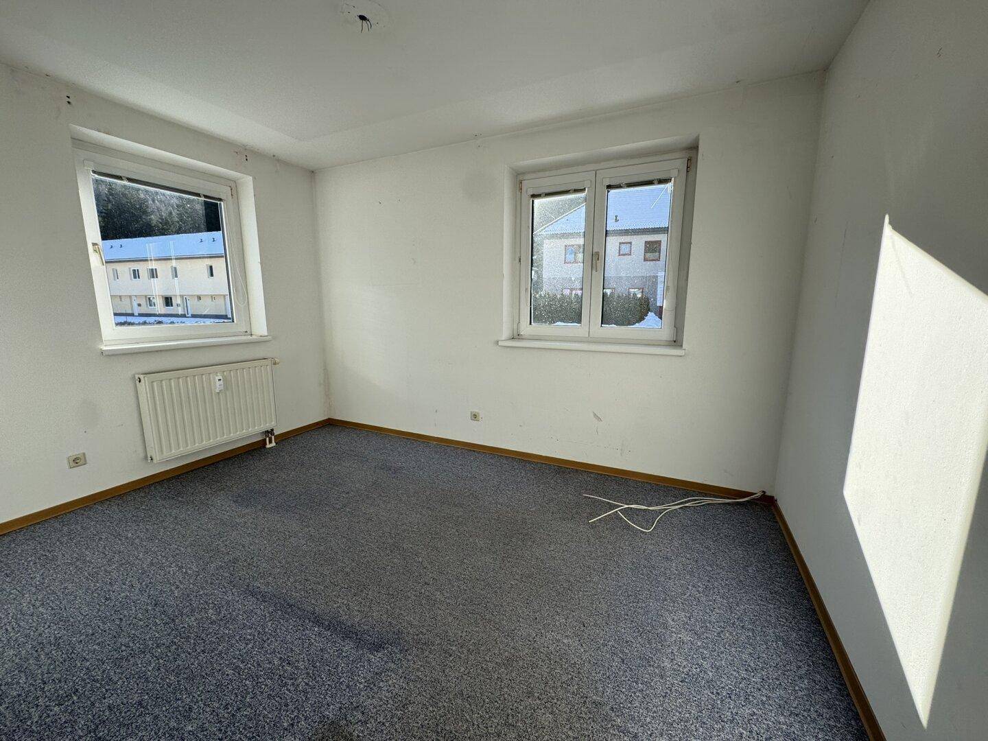 Leeres Zimmer mit blauem Teppichboden und zwei Fenstern, bereit für eine Neugestaltung.
