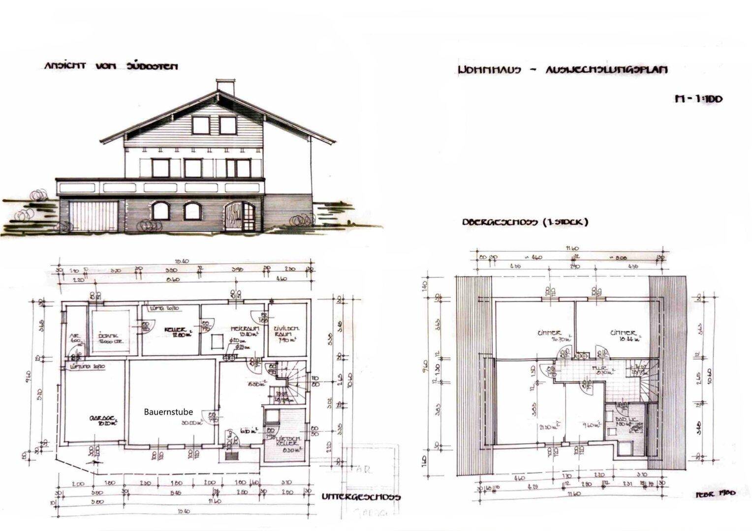Architektonischer Plan des Wohnhauses mit Ansicht von Südosten, Untergeschoss und Obergeschoss.