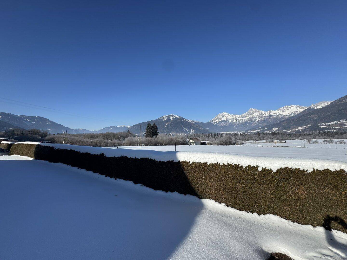 Weitläufige, schneebedeckte Landschaft mit einer Hecke im Vordergrund und majestätischen Bergen am Horizont.