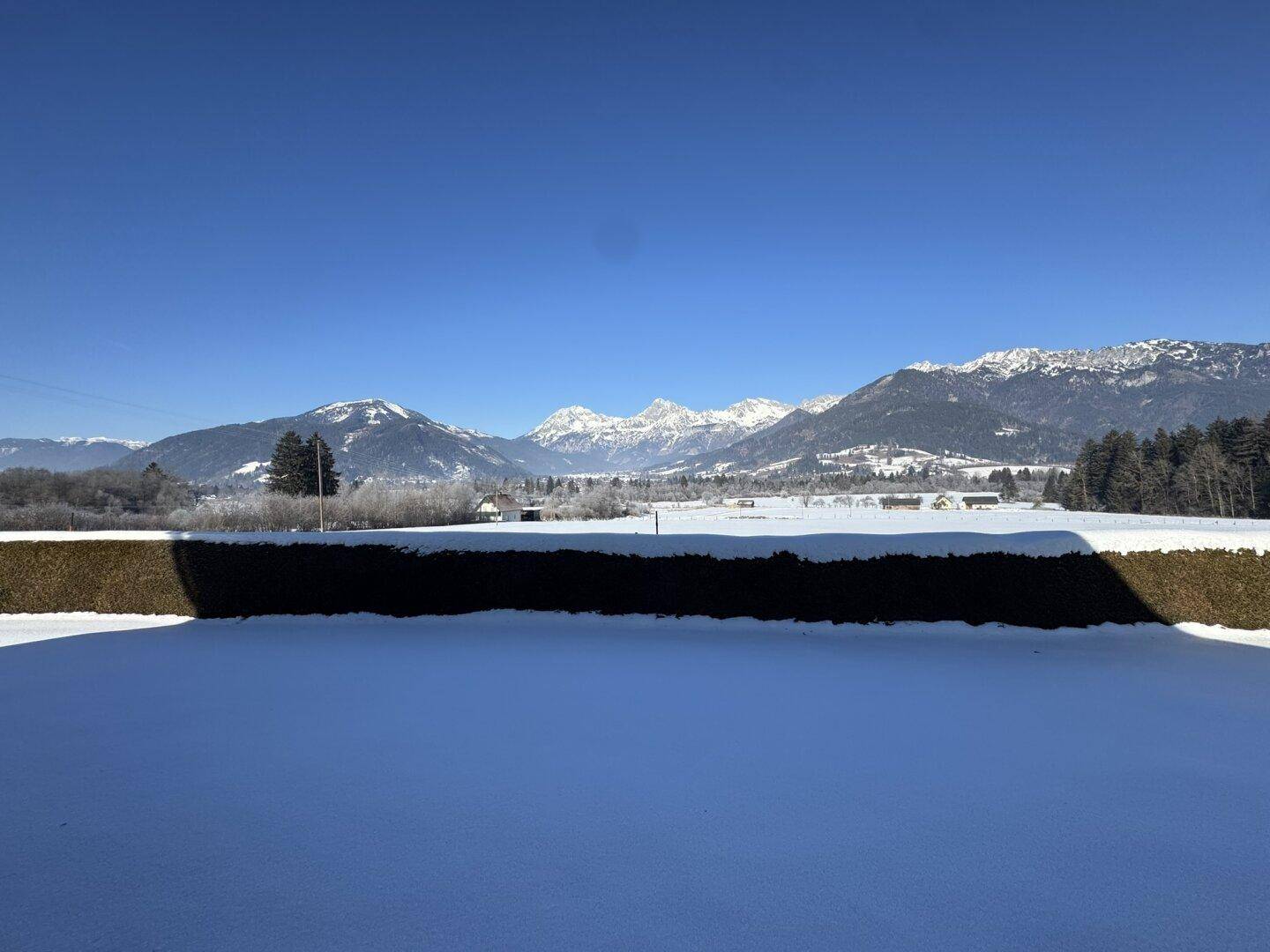 Panoramablick über eine tief verschneite Ebene mit einer dichten Hecke und schneebedeckten Bergen im Hintergrund.