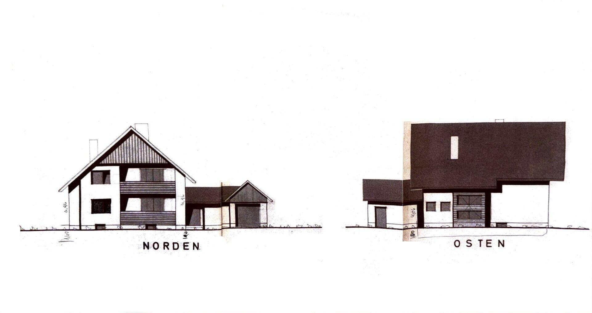 Architektonische Ansichten des Hauses von Norden und Osten, zeigen die Fassadengestaltung.