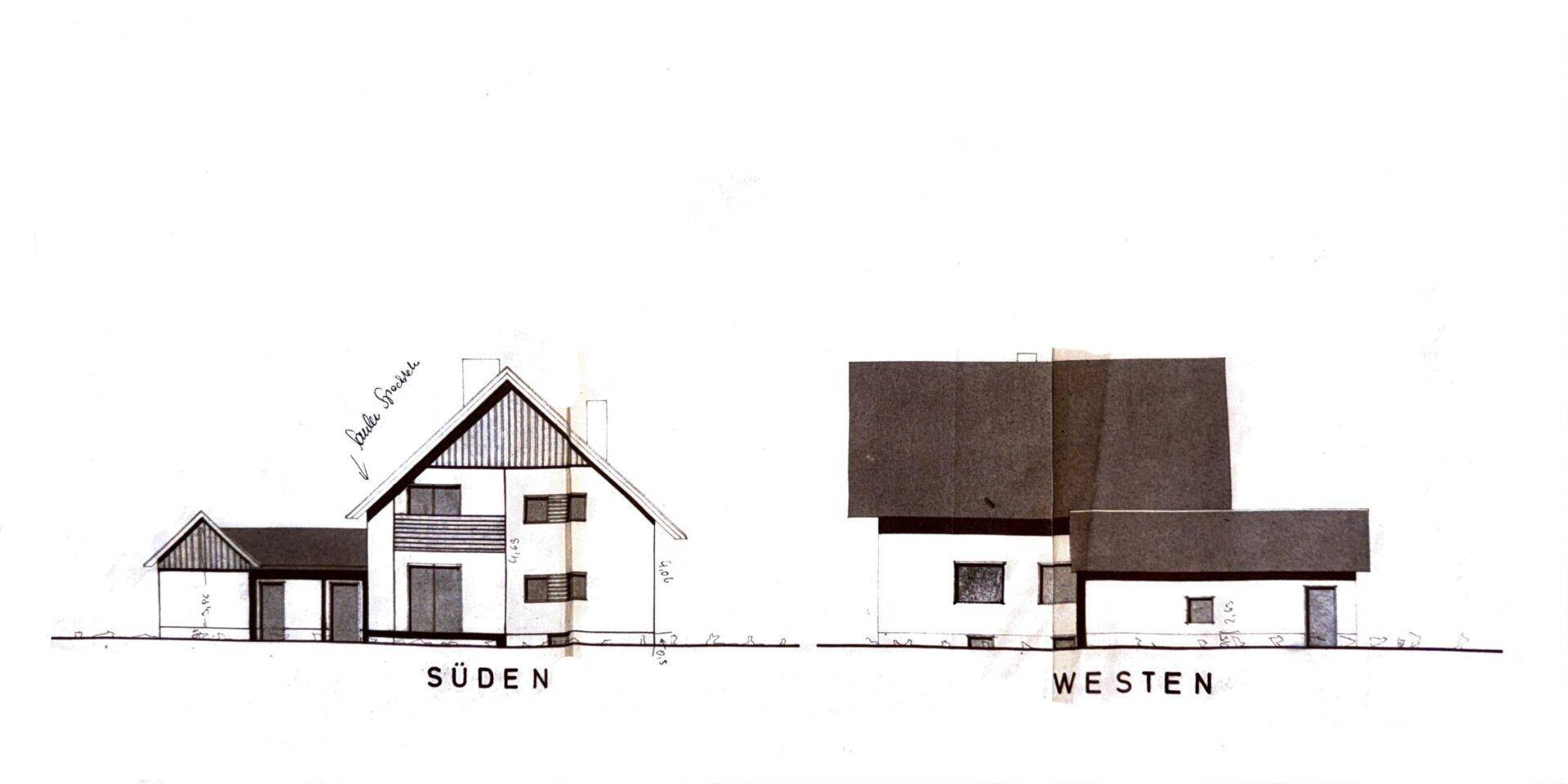 Architektonische Ansichten des Hauses von Süden und Westen, zeigen die Fassadengestaltung.