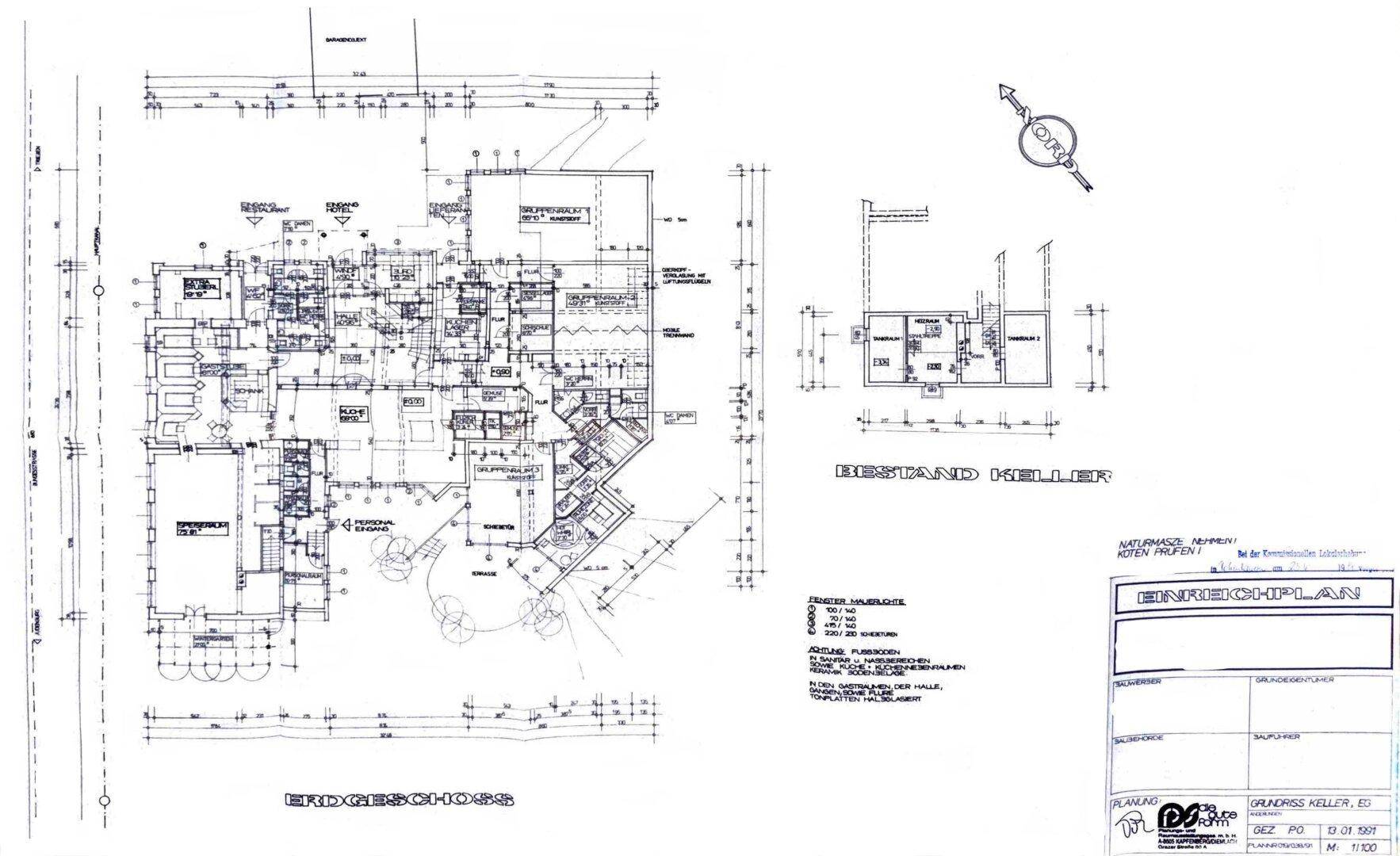 Grundriss des Erdgeschosses und des bestehenden Kellers mit detaillierter Raumaufteilung.