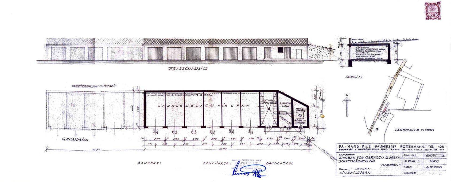 Bauplan einer Garagenanlage mit Straßenansicht, Grundriss und Schnittdarstellung.