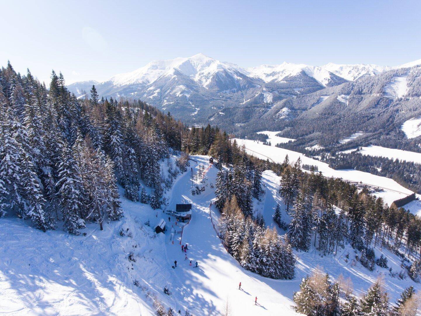 Skifahrer auf einer Piste, die sich durch einen verschneiten Wald mit Bergblick schlängelt.