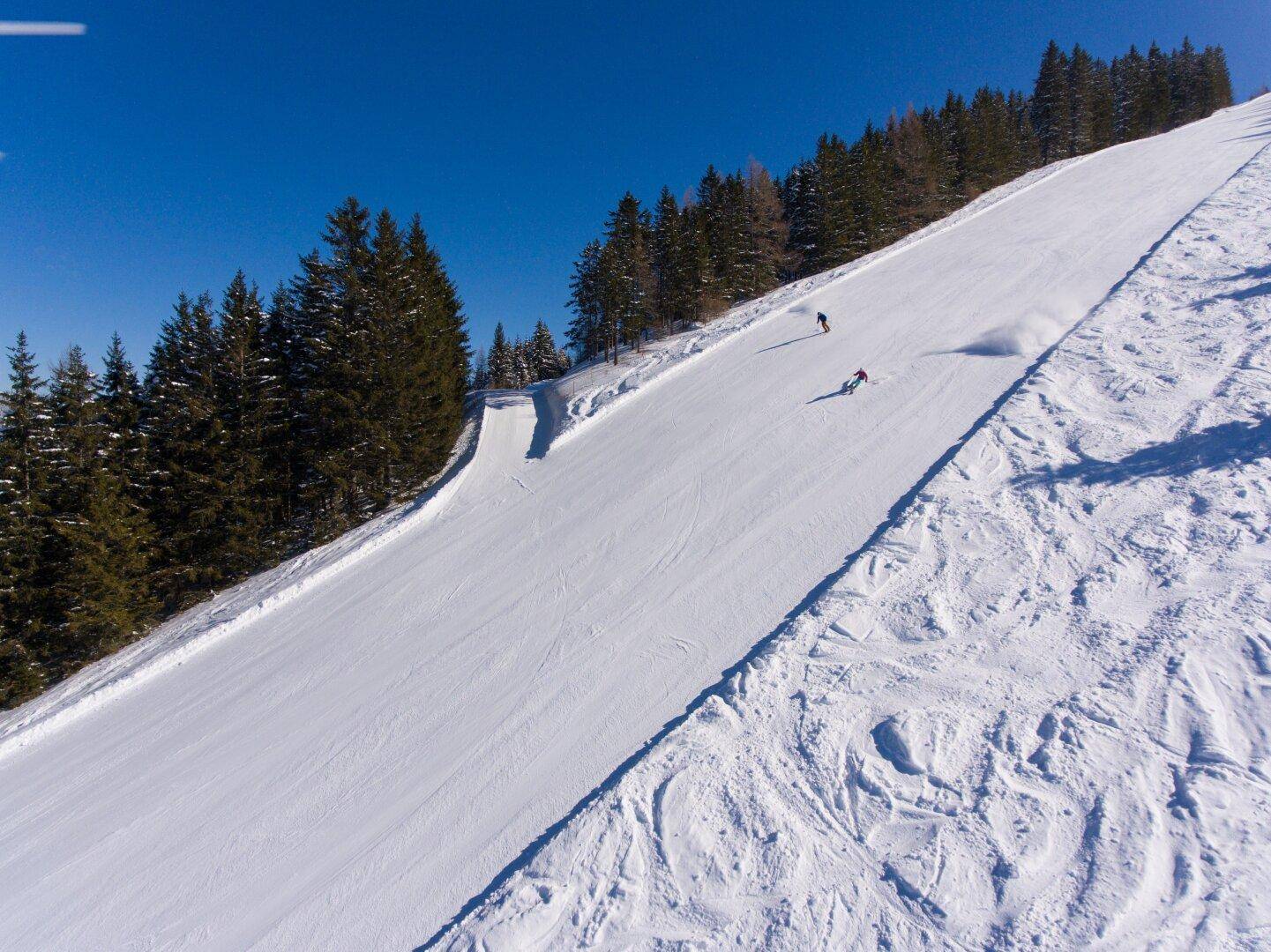 Zwei Skifahrer gleiten eine breite, präparierte Skipiste hinunter, umgeben von verschneiten Bäumen.