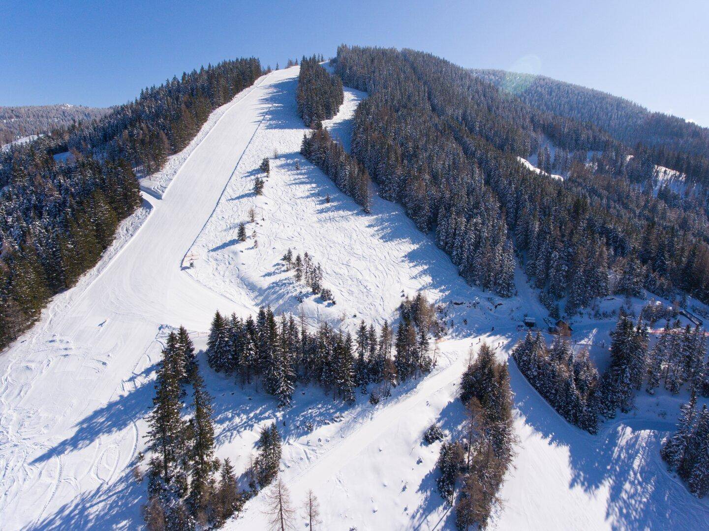 Eine breite Skipiste schlängelt sich durch einen tief verschneiten Wald am Berghang.