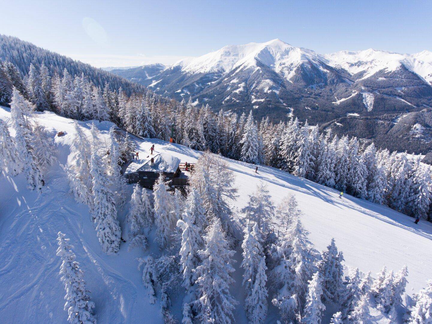 Eine rustikale Berghütte inmitten einer verschneiten Waldlandschaft mit beeindruckendem Bergblick.