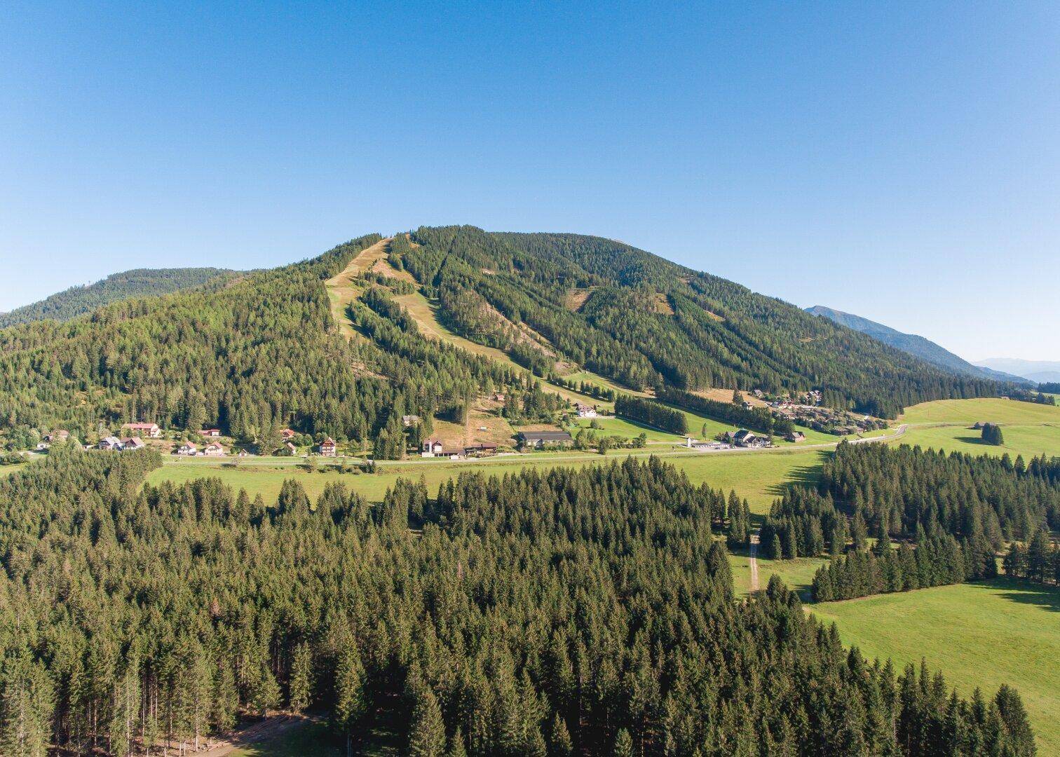 Luftaufnahme einer bergigen Landschaft mit dichten Wäldern und vereinzelten Gebäuden.