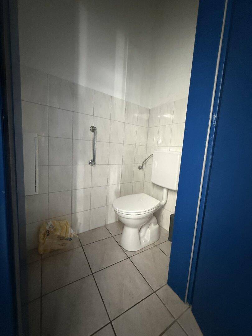 WC-Raum mit Fliesen an Wänden und Boden, ausgestattet mit einer Toilette und Haltegriffen.