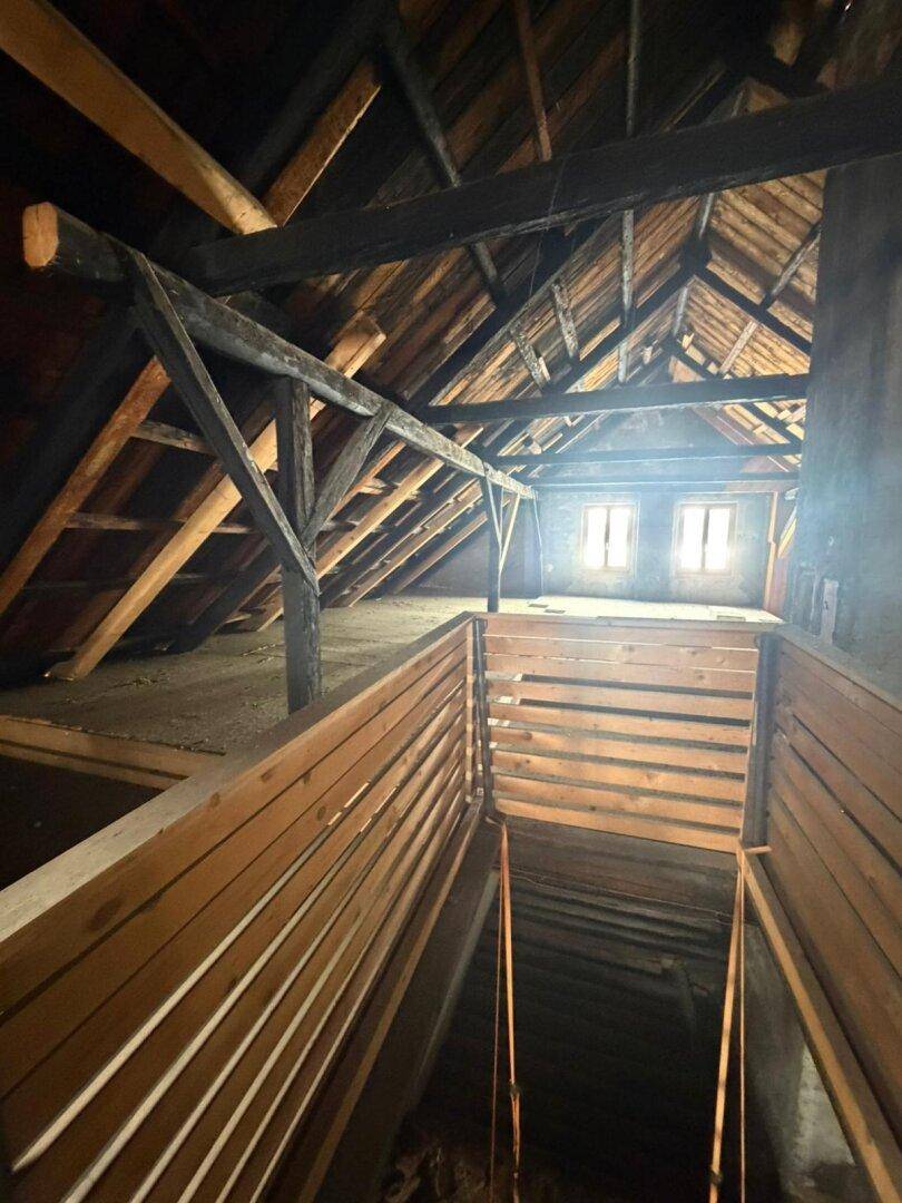 Geräumiger Dachboden mit freiliegenden Holzbalken und Fenstern, bereit für den Ausbau.
